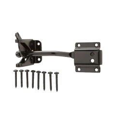 The Go Build Self-Adjusting Gate Latch in black is perfect for DIY projects, featuring a metal latch with mounting plates and a spring mechanism. It includes holes for screw attachment to enhance security and comes with eight matching screws, making it ideal for gate or door installation.